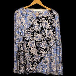 CHICO'S Blue Floral Print LS T